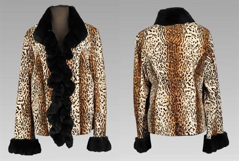 Leopard stenciled coat with Rex Rabbit trim Size 14 Length 24</BR><font size="+2">$495.00<font>