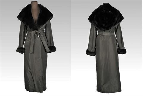 Black Taffeta rain coat with hood and black Rabbit trim Size small Length 511 2</BR><font size="+2">$495.00<font>
